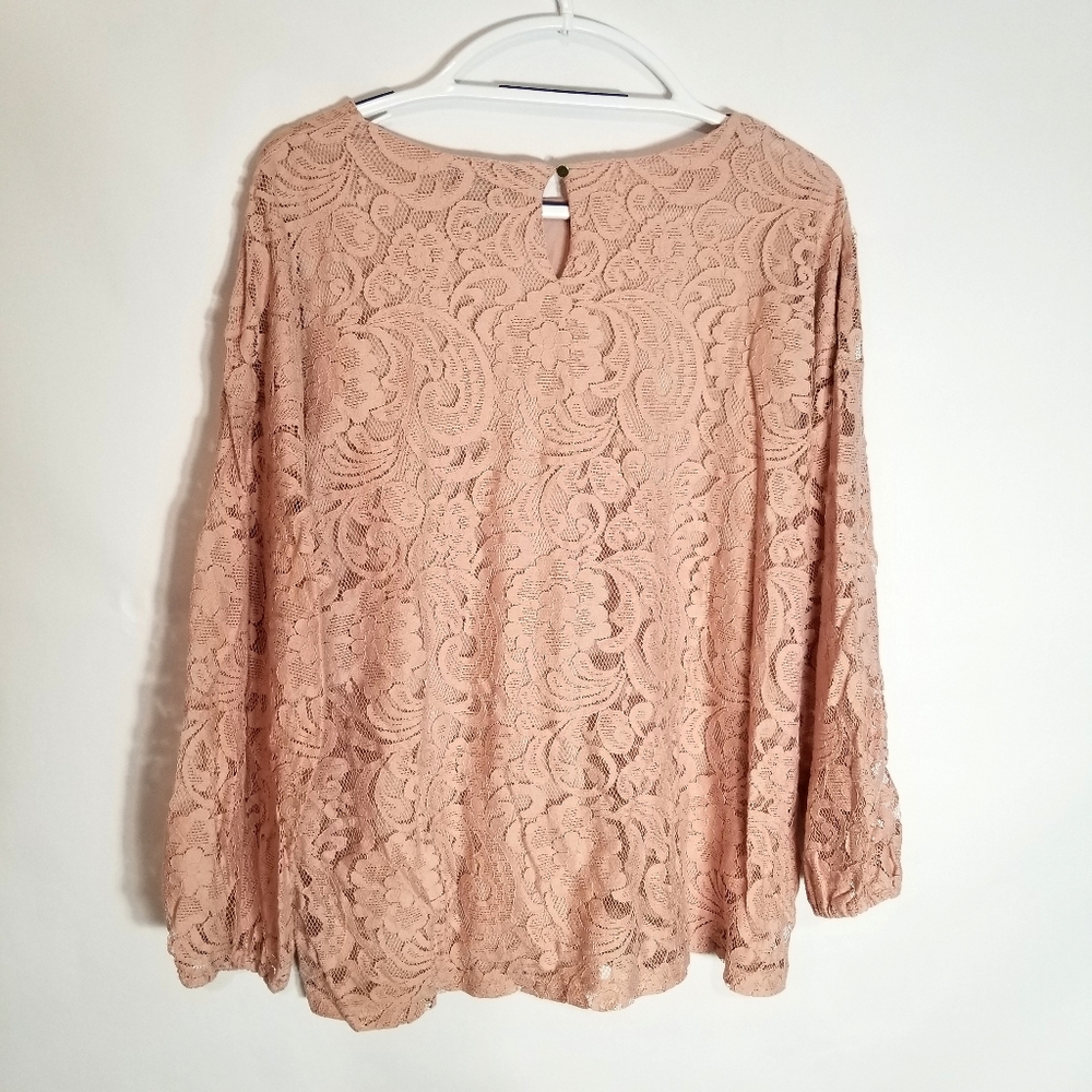 Liz Claiborne Top Women's XXL Pink Floral Lace Over Lining Sheer Long Sleeves - Picture 4 of 7